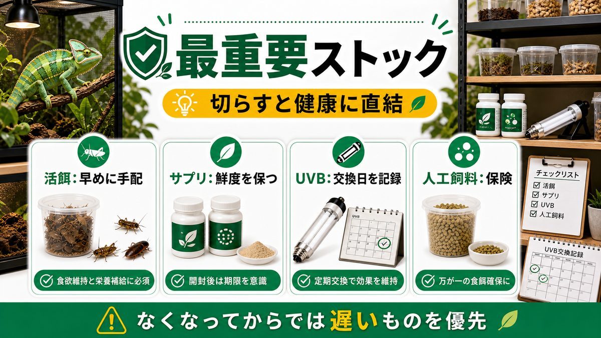 切らすと困る最重要の消耗品(サプリ・活餌・UVB)の要点をまとめたカメレオン・爬虫類飼育インフォグラフィック