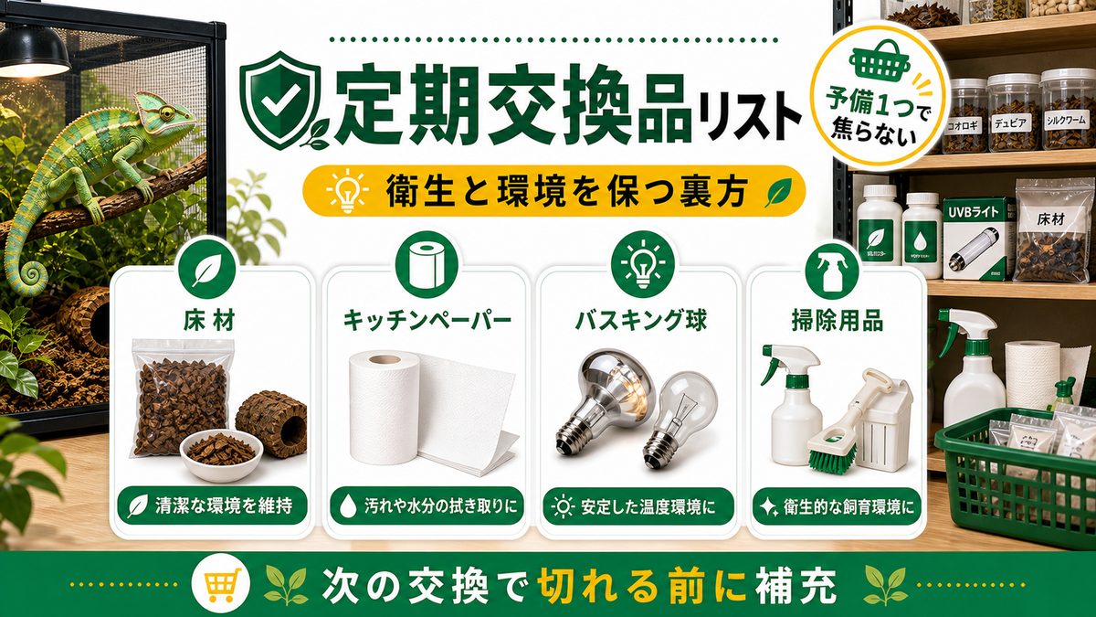 定期交換する消耗品(床材・バスキング球など)の要点をまとめたカメレオン・爬虫類飼育インフォグラフィック