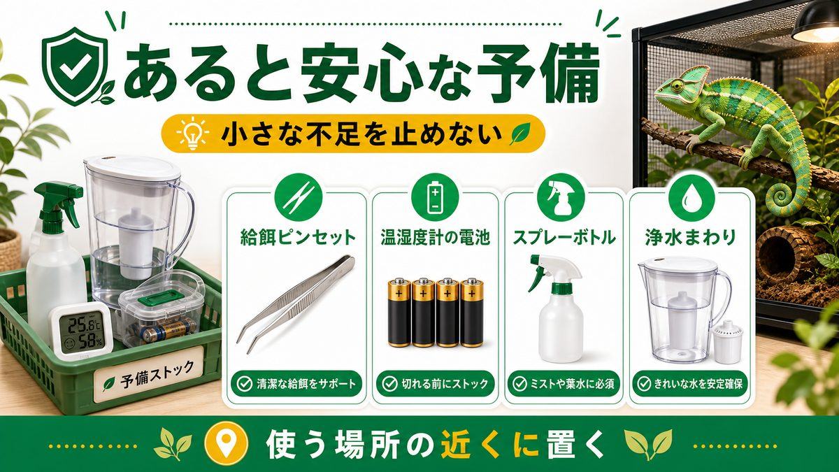 あると便利な常備品・予備の要点をまとめたカメレオン・爬虫類飼育インフォグラフィック