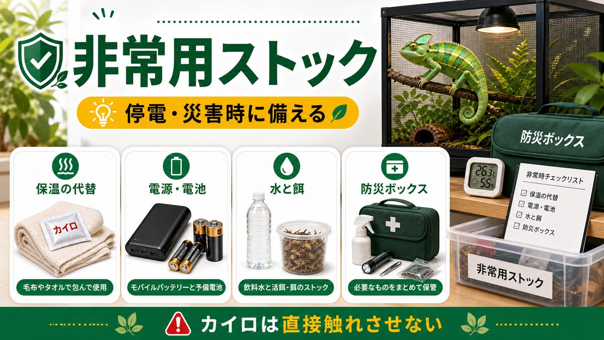 非常用・災害時のストックの要点をまとめたカメレオン・爬虫類飼育インフォグラフィック