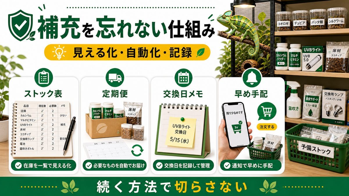 買い置きの管理と補充を忘れない工夫の要点をまとめたカメレオン・爬虫類飼育インフォグラフィック