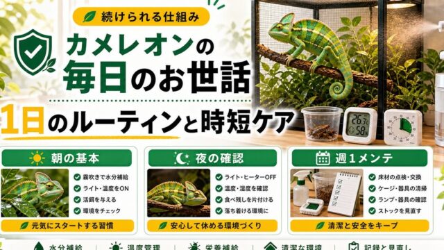カメレオンの毎日のお世話と時短ケアの全体像をまとめたアイキャッチ