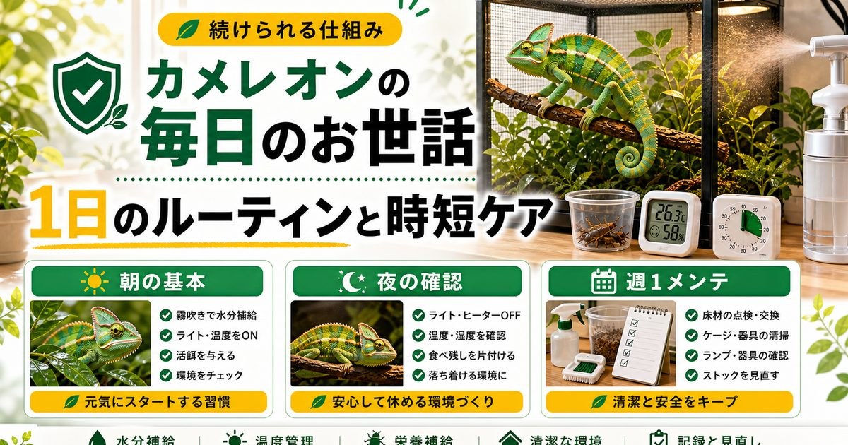 カメレオンの毎日のお世話と時短ケアの全体像をまとめたアイキャッチ