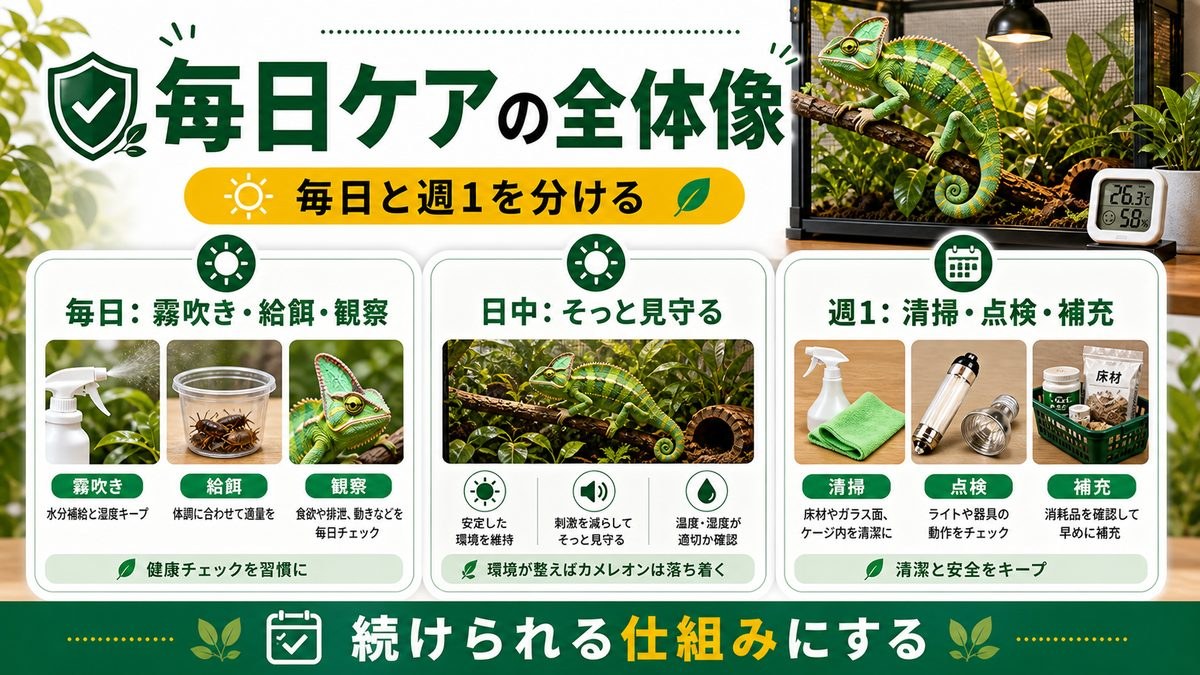 カメレオンの毎日のお世話・基本の全体像の要点をまとめたカメレオン・爬虫類飼育インフォグラフィック