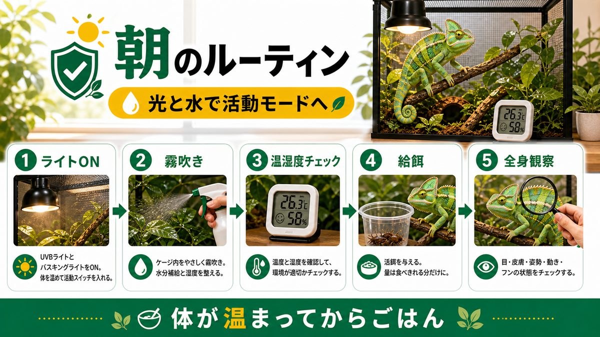 朝のルーティン（ライト・霧吹き・給餌）の要点をまとめたカメレオン・爬虫類飼育インフォグラフィック