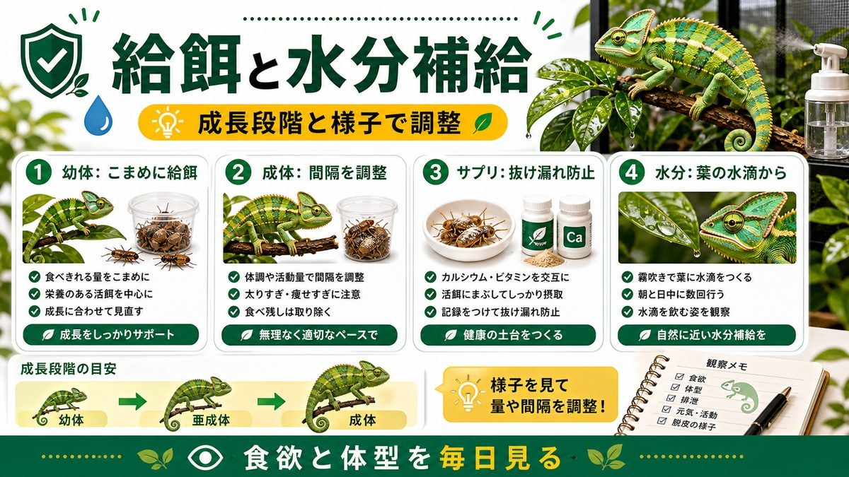 毎日の給餌と水分補給の要点をまとめたカメレオン・爬虫類飼育インフォグラフィック