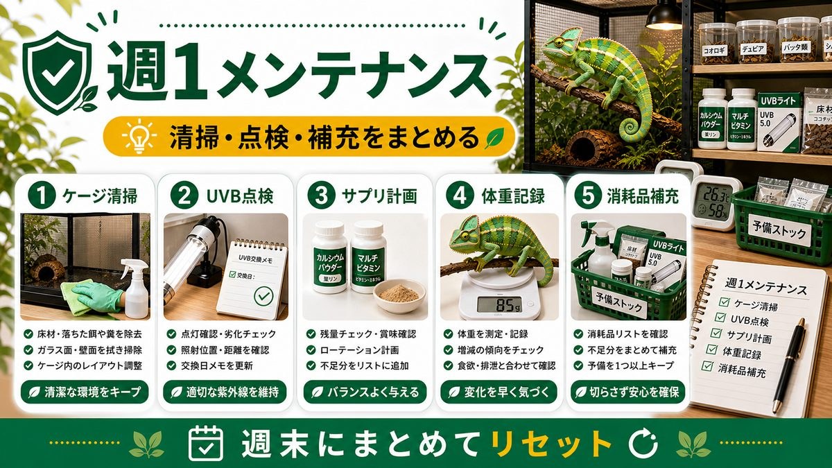 週1でやること（清掃・点検・補充）の要点をまとめたカメレオン・爬虫類飼育インフォグラフィック