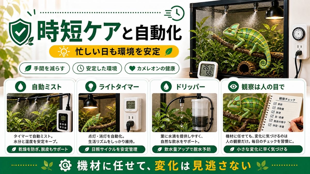 忙しい人の時短ケアと自動化の要点をまとめたカメレオン・爬虫類飼育インフォグラフィック
