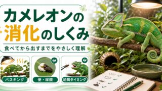 カメレオンの消化のしくみ完全ガイド｜食べてから出すまでの流れと消化を助ける飼育を徹底解説の要点を伝えるカメレオン・爬虫類記事アイキャッチ画像