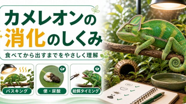 カメレオンの消化のしくみ完全ガイド｜食べてから出すまでの流れと消化を助ける飼育を徹底解説の要点を伝えるカメレオン・爬虫類記事アイキャッチ画像
