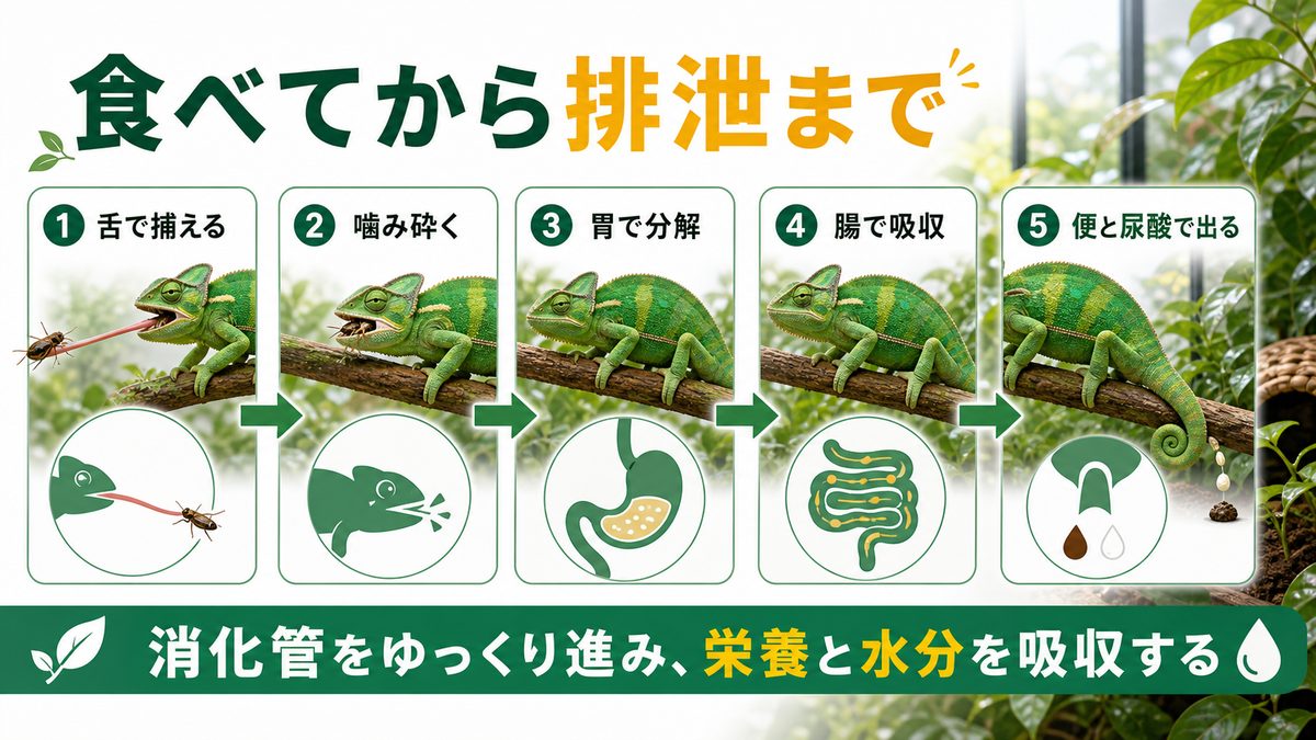 食べてから排泄までの流れの要点をまとめたカメレオン・爬虫類飼育インフォグラフィック