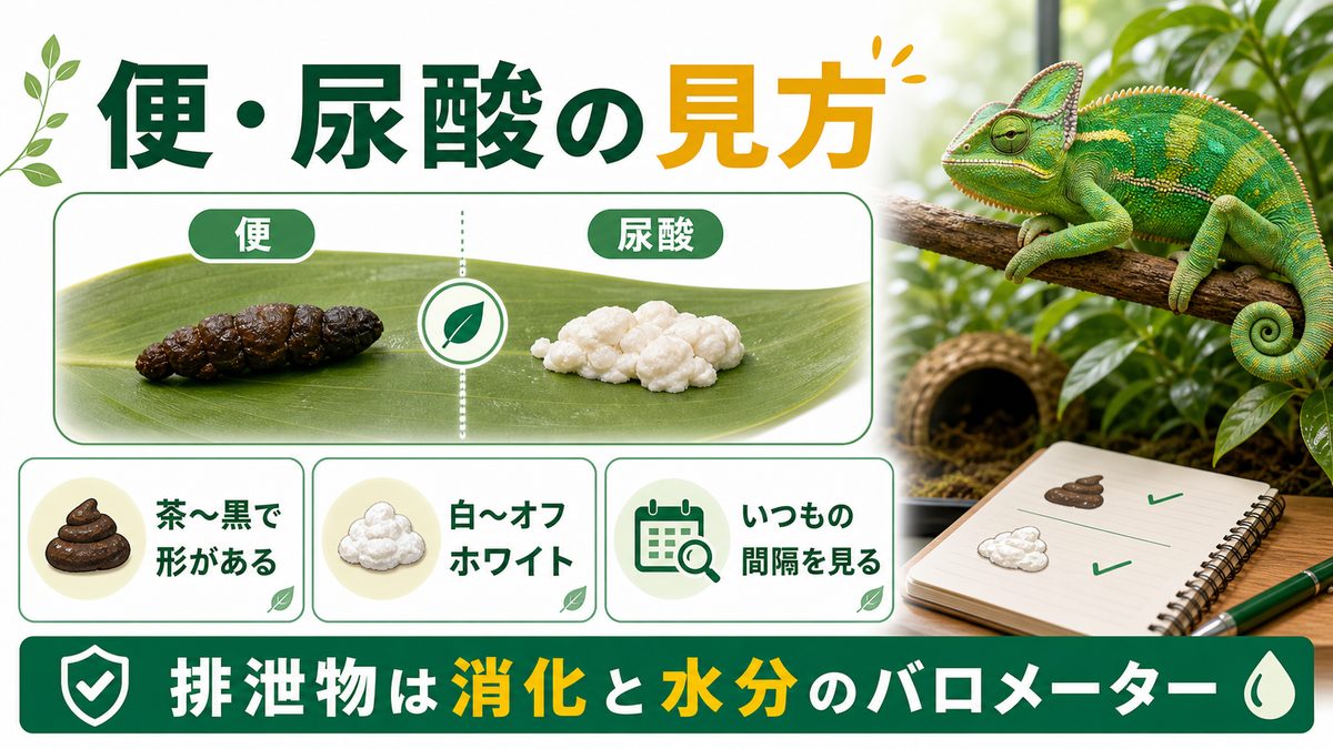 正常な便・尿酸の見方の要点をまとめたカメレオン・爬虫類飼育インフォグラフィック
