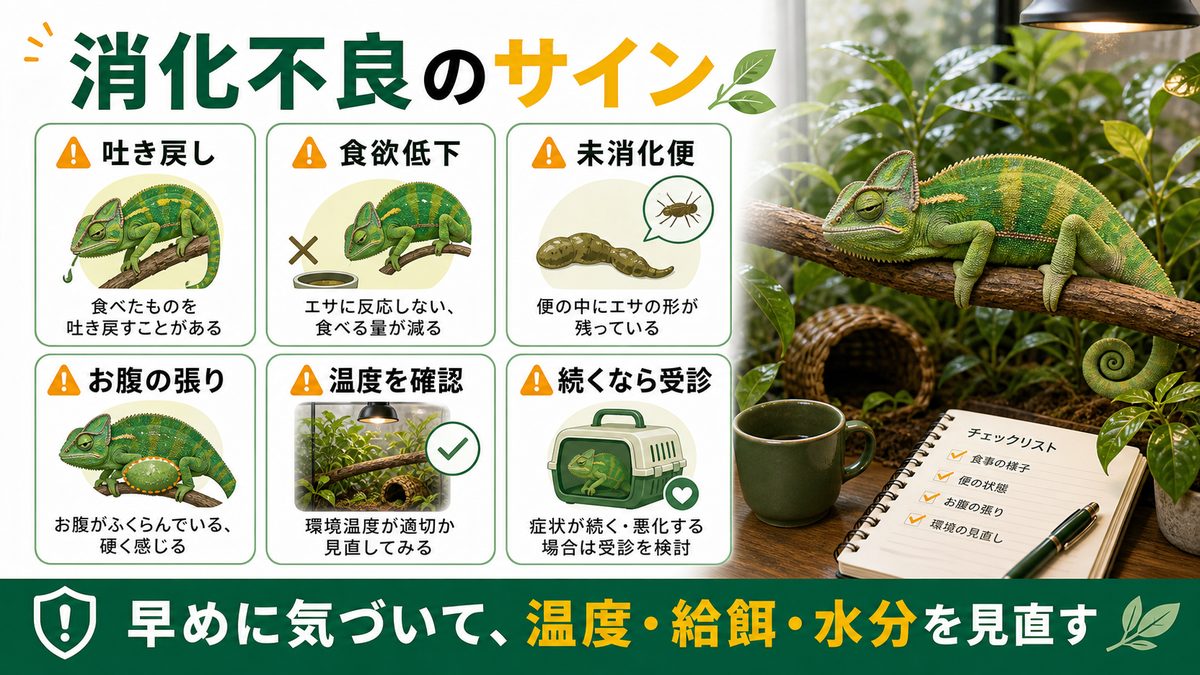 消化不良・吐き戻しのサインの要点をまとめたカメレオン・爬虫類飼育インフォグラフィック