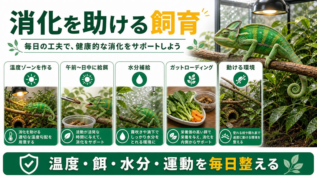 消化を助ける飼育の工夫の要点をまとめたカメレオン・爬虫類飼育インフォグラフィック