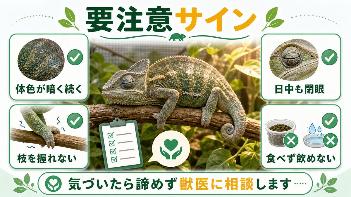 死期が近いカメレオンのサインの要点をまとめたカメレオン・爬虫類飼育インフォグラフィック