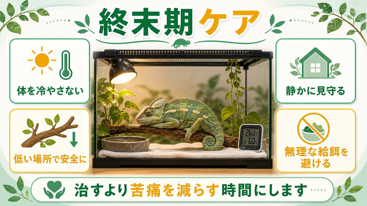 最期を穏やかにする終末期ケアの要点をまとめたカメレオン・爬虫類飼育インフォグラフィック