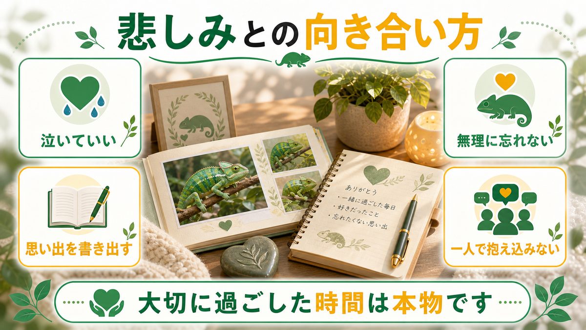 ペットロスとの向き合い方の要点をまとめたカメレオン・爬虫類飼育インフォグラフィック