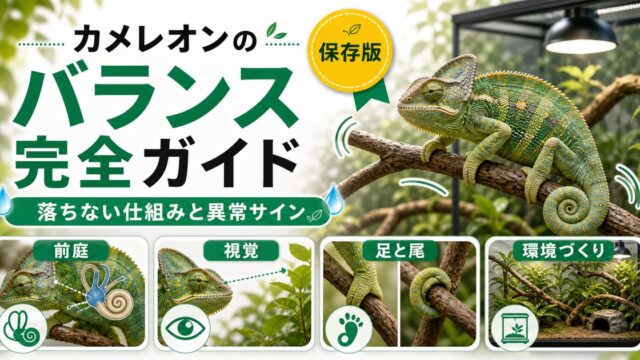 カメレオンの平衡感覚・バランス完全ガイド｜高所で揺れても落ちない仕組みと異常のサインを徹底解説の要点を伝えるカメレオン・爬虫類記事アイキャッチ画像