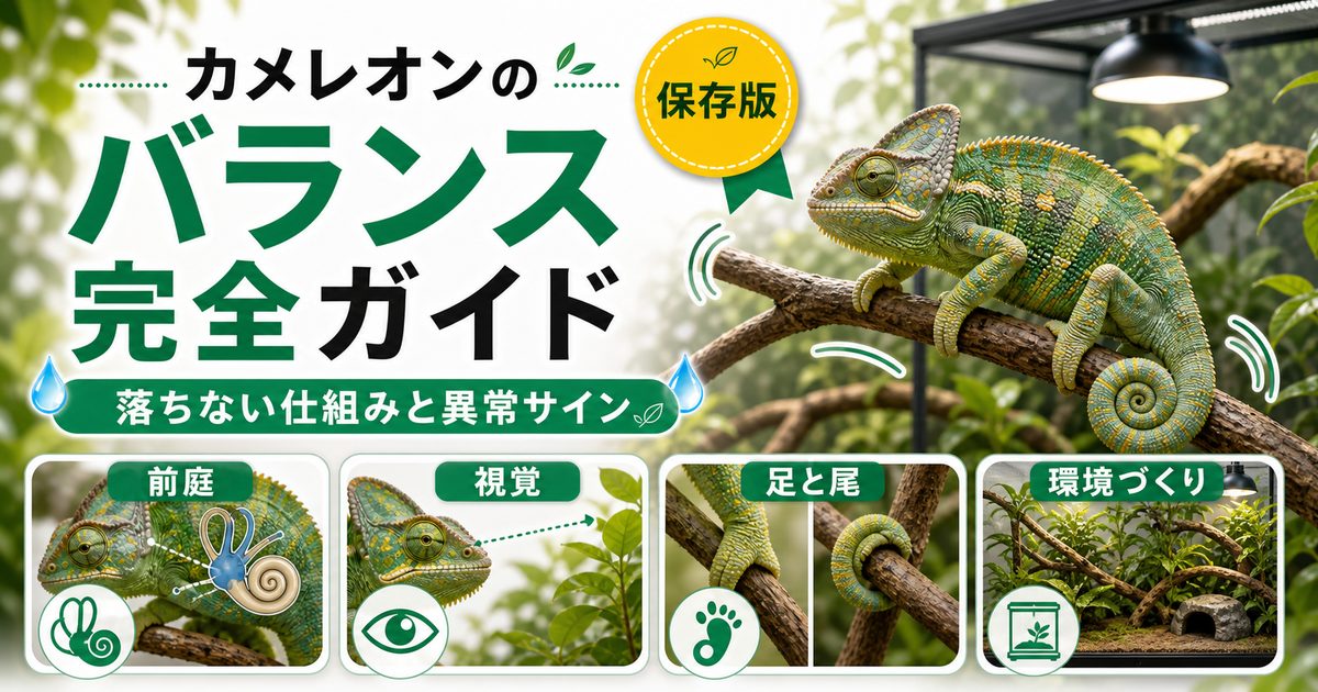 カメレオンの平衡感覚・バランス完全ガイド｜高所で揺れても落ちない仕組みと異常のサインを徹底解説の要点を伝えるカメレオン・爬虫類記事アイキャッチ画像