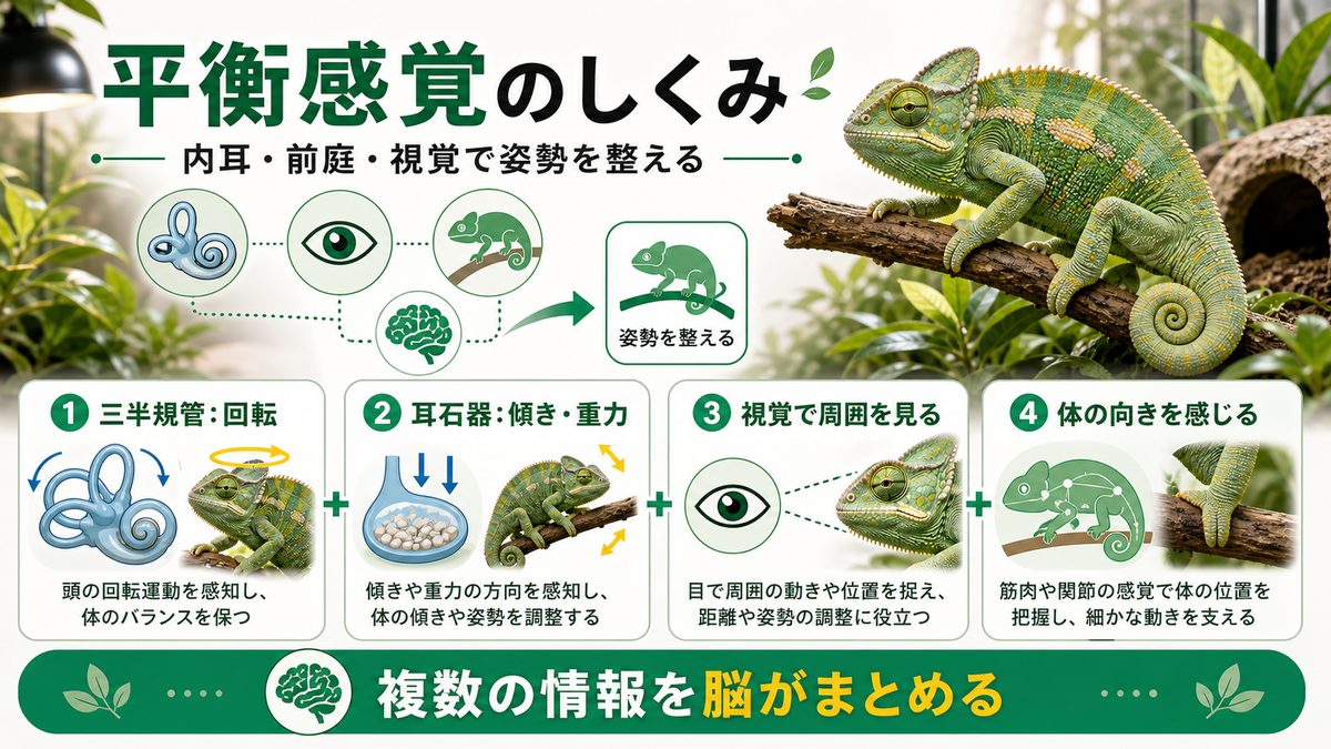 カメレオンの平衡感覚とは(内耳・前庭のはたらき)の要点をまとめたカメレオン・爬虫類飼育インフォグラフィック