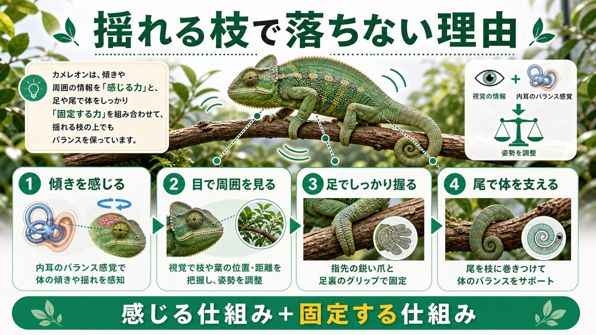 高所・揺れる枝でのバランス維持の要点をまとめたカメレオン・爬虫類飼育インフォグラフィック