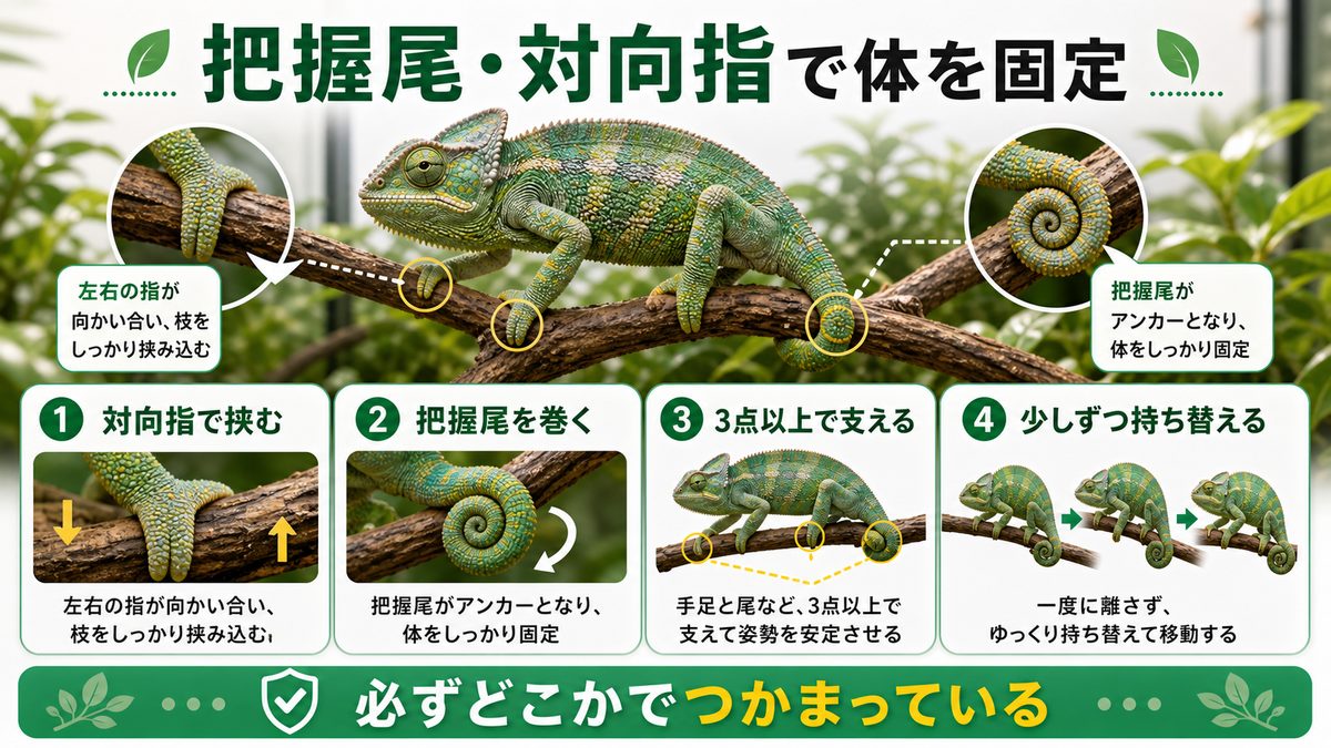 把握尾・対向指で体を固定する仕組みの要点をまとめたカメレオン・爬虫類飼育インフォグラフィック