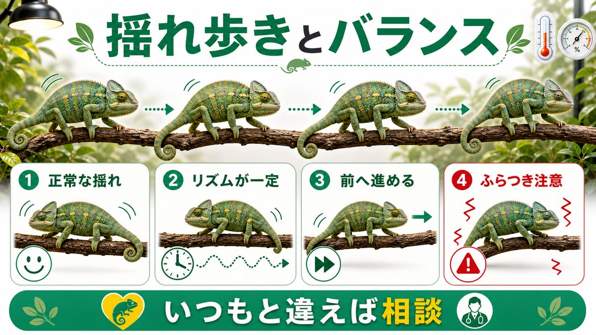 揺れ歩きとバランスの関係の要点をまとめたカメレオン・爬虫類飼育インフォグラフィック