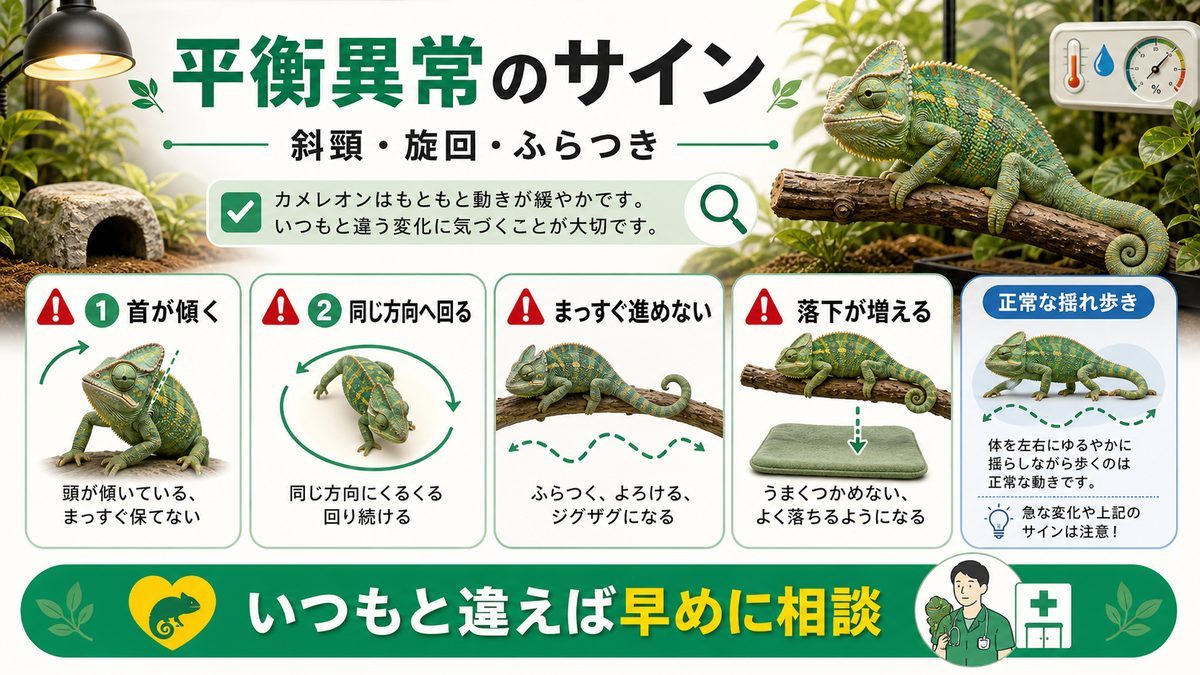 平衡異常のサイン(斜頸・旋回・ふらつき)の要点をまとめたカメレオン・爬虫類飼育インフォグラフィック