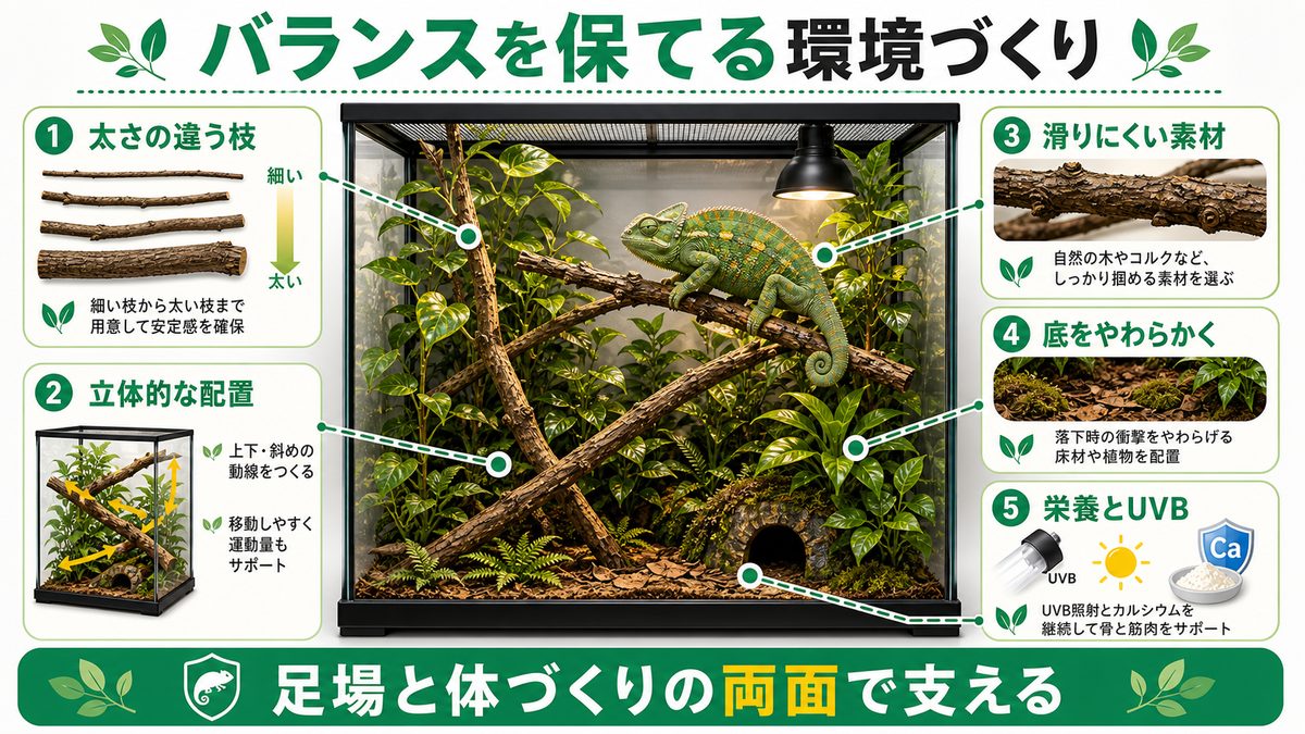 バランスを保てる環境づくりの要点をまとめたカメレオン・爬虫類飼育インフォグラフィック