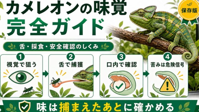 カメレオンに味覚はある？舌・採食と味を感じる仕組みを徹底解説の要点を伝えるカメレオン・爬虫類記事アイキャッチ画像