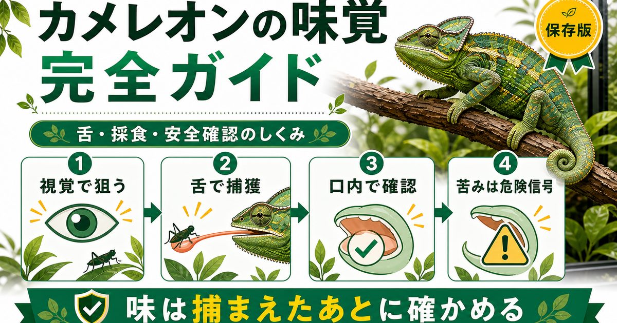 カメレオンに味覚はある？舌・採食と味を感じる仕組みを徹底解説の要点を伝えるカメレオン・爬虫類記事アイキャッチ画像