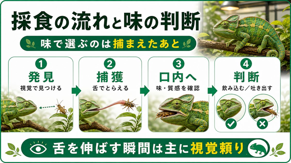 採食の流れと味の判断（舌→口内）の要点をまとめたカメレオン・爬虫類飼育インフォグラフィック