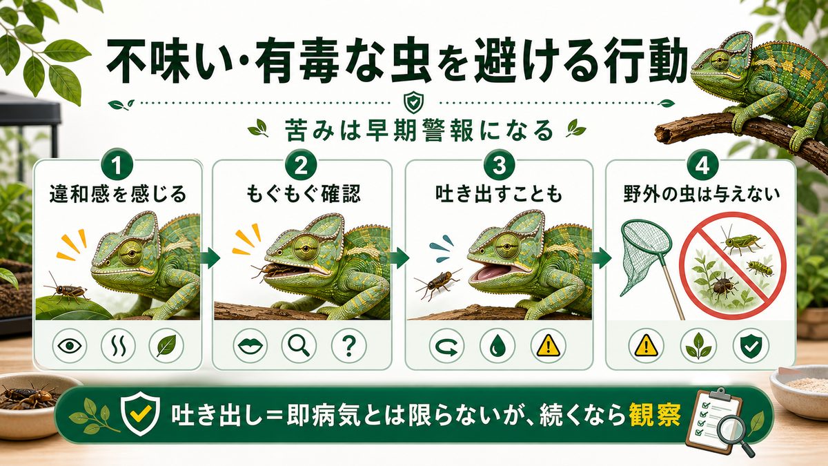 不味い・有毒な虫を避ける行動の要点をまとめたカメレオン・爬虫類飼育インフォグラフィック
