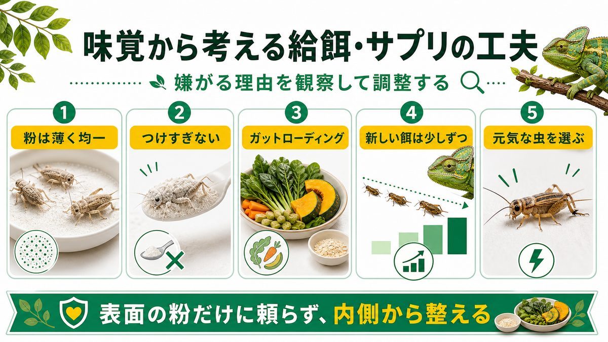 味覚から考える給餌・サプリの工夫の要点をまとめたカメレオン・爬虫類飼育インフォグラフィック