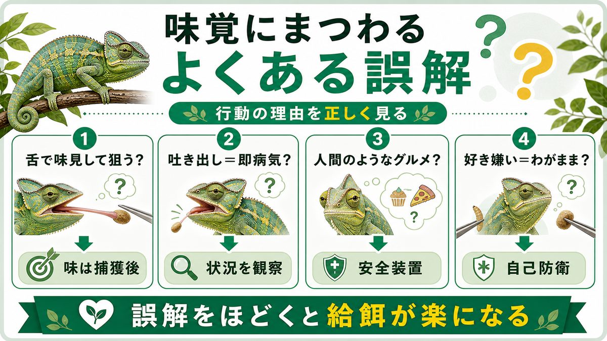 味覚にまつわるよくある誤解の要点をまとめたカメレオン・爬虫類飼育インフォグラフィック