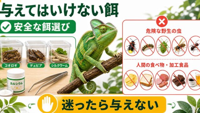 カメレオンに与えてはいけない餌と安全な選び方を伝えるアイキャッチ画像