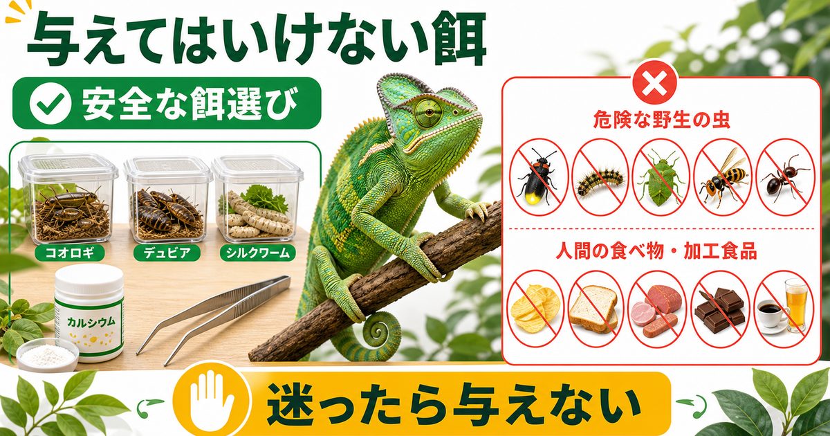 カメレオンに与えてはいけない餌と安全な選び方を伝えるアイキャッチ画像