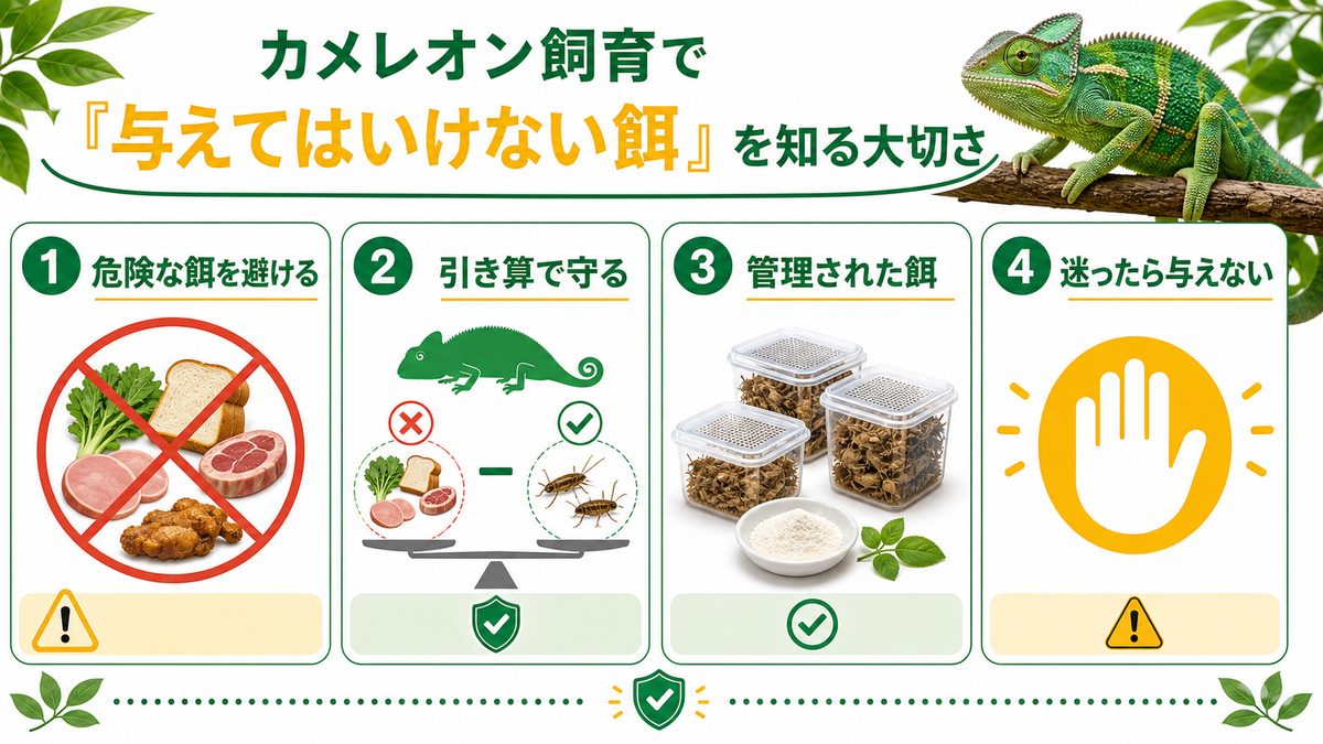 カメレオンに「与えてはいけない餌」を知る大切さの要点をまとめたカメレオン・爬虫類飼育インフォグラフィック