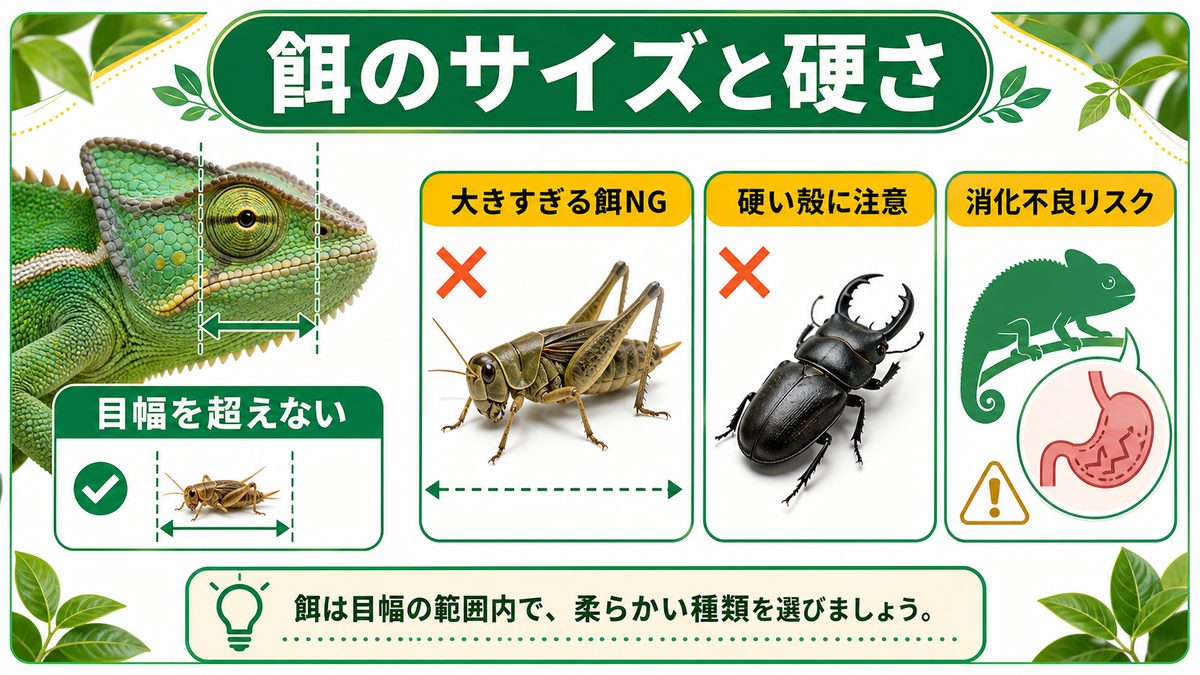 大きすぎる餌・硬い餌のリスクの要点をまとめたカメレオン・爬虫類飼育インフォグラフィック