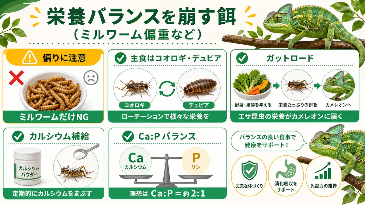 栄養バランスを崩す餌(ミルワーム偏重など)の要点をまとめたカメレオン・爬虫類飼育インフォグラフィック