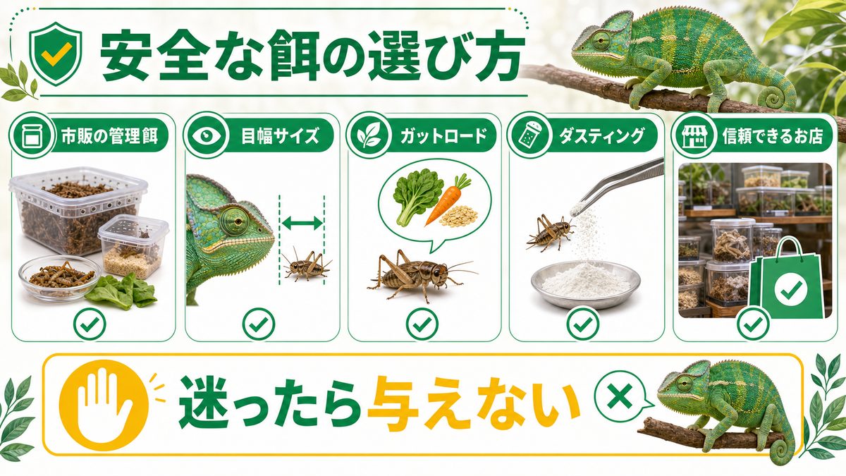 安全な餌の選び方と「迷ったら与えない」の要点をまとめたカメレオン・爬虫類飼育インフォグラフィック