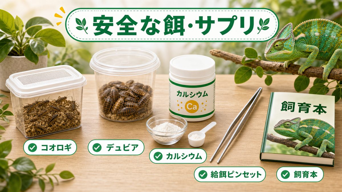 安全な餌・サプリのおすすめ商品の要点をまとめたカメレオン・爬虫類飼育インフォグラフィック