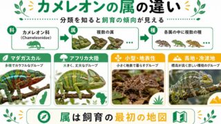 カメレオンの属の違い・分類完全ガイド！フルシファー・カルンマ・トリオケロスなど主要属を解説の要点を伝えるカメレオン・爬虫類記事アイキャッチ画像