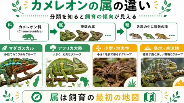 カメレオンの属の違い・分類完全ガイド！フルシファー・カルンマ・トリオケロスなど主要属を解説の要点を伝えるカメレオン・爬虫類記事アイキャッチ画像