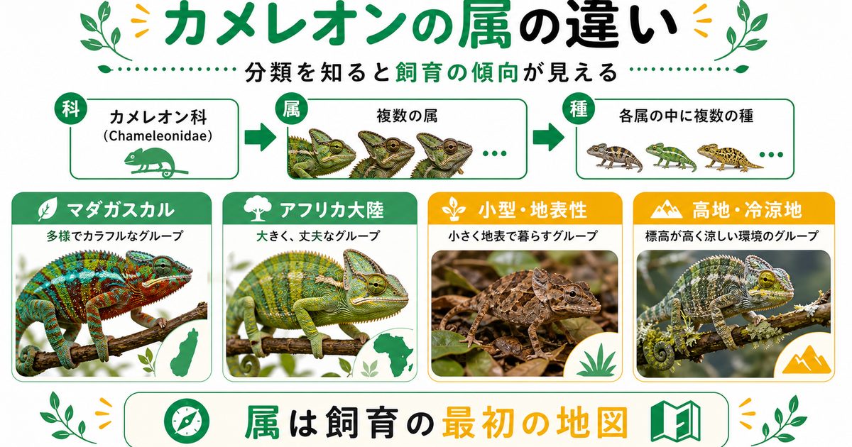 カメレオンの属の違い・分類完全ガイド！フルシファー・カルンマ・トリオケロスなど主要属を解説の要点を伝えるカメレオン・爬虫類記事アイキャッチ画像