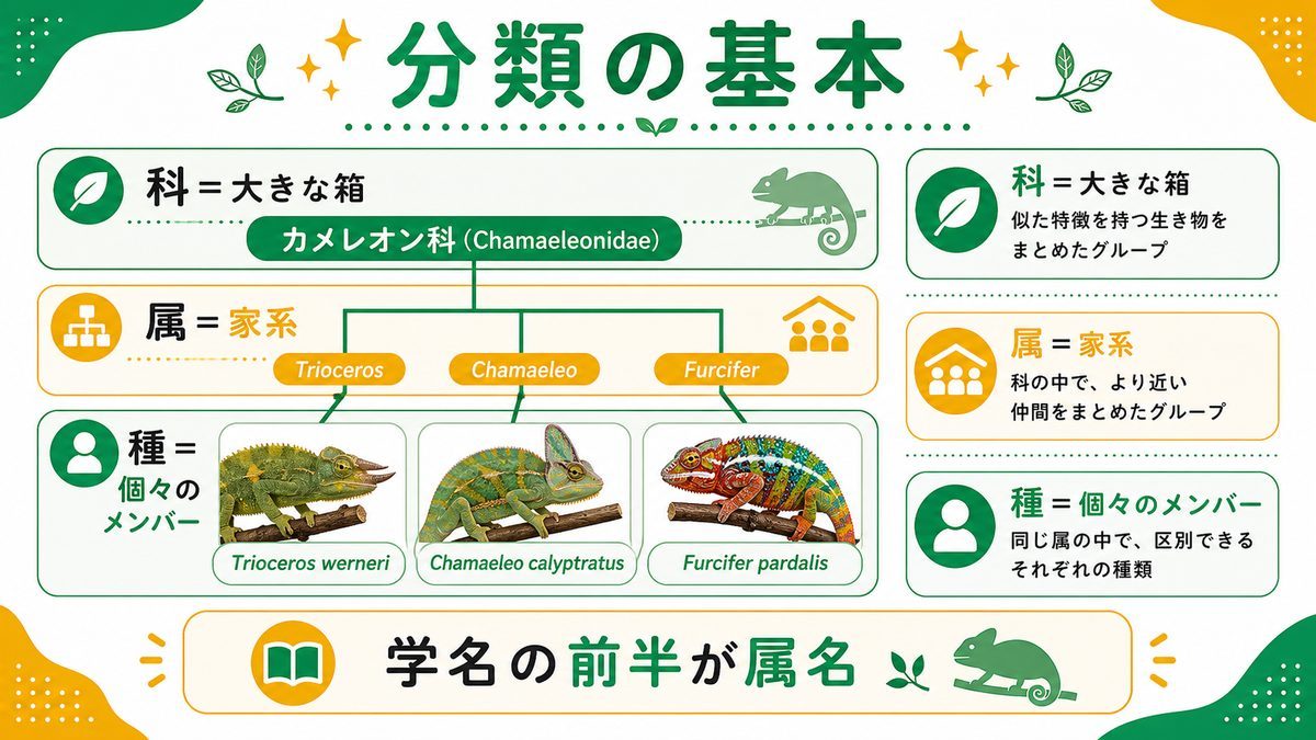 カメレオンの分類の基本(科・属・種)の要点をまとめたカメレオン・爬虫類飼育インフォグラフィック