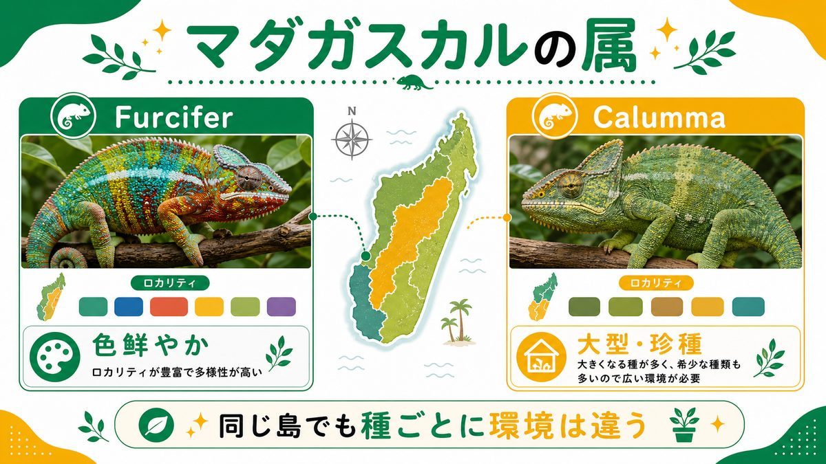 マダガスカルの属(Furcifer・Calumma)の要点をまとめたカメレオン・爬虫類飼育インフォグラフィック