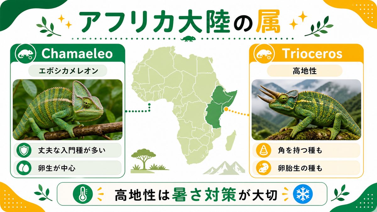 アフリカ大陸の属(Chamaeleo・Trioceros)の要点をまとめたカメレオン・爬虫類飼育インフォグラフィック