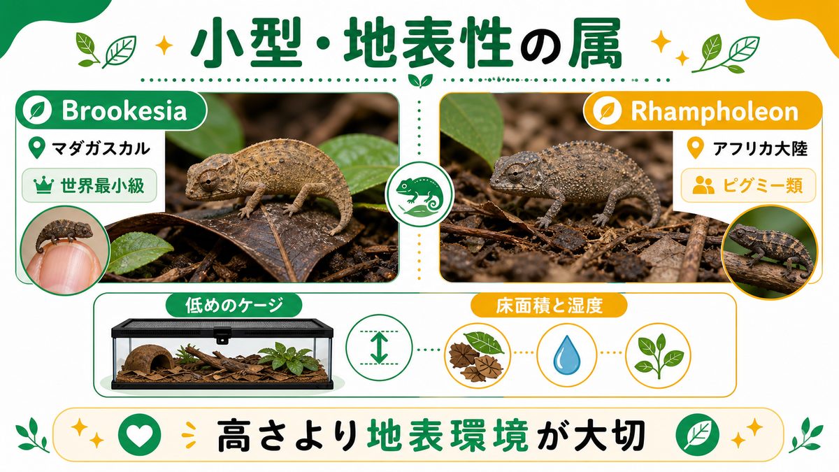 小型・地表性の属(Brookesia・Rhampholeon)の要点をまとめたカメレオン・爬虫類飼育インフォグラフィック