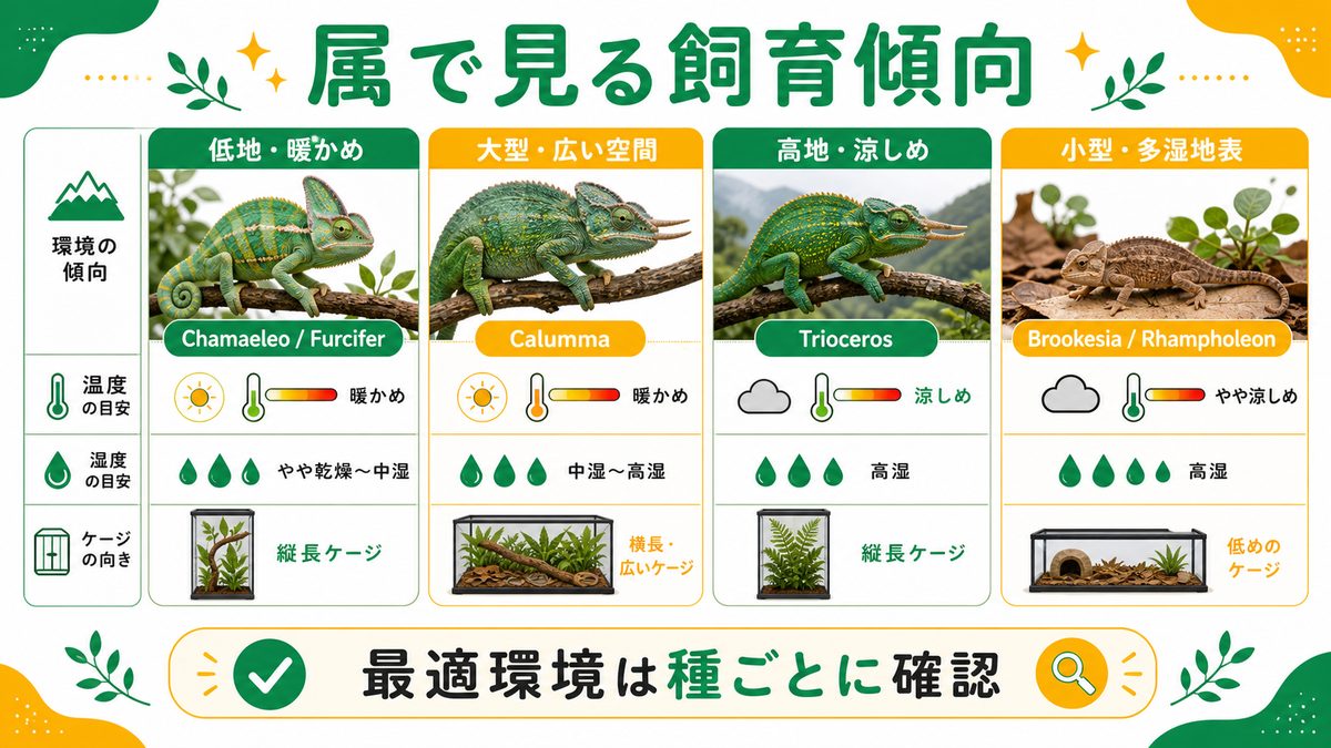 属で分かる飼育の傾向(環境・温度)の要点をまとめたカメレオン・爬虫類飼育インフォグラフィック
